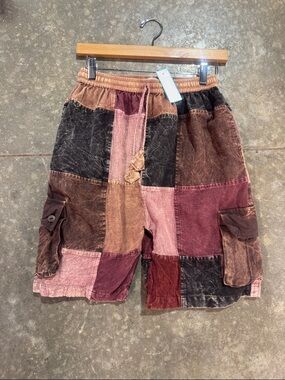 . Boho Patchwork Shorts Earth Tone Festival Cargo Unisex S/M